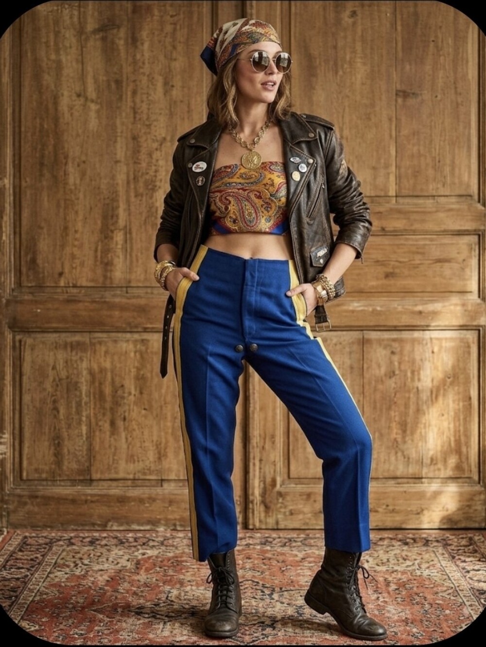 Blue High-Waist Vintage Mitary Pants with Yellow Stripe
